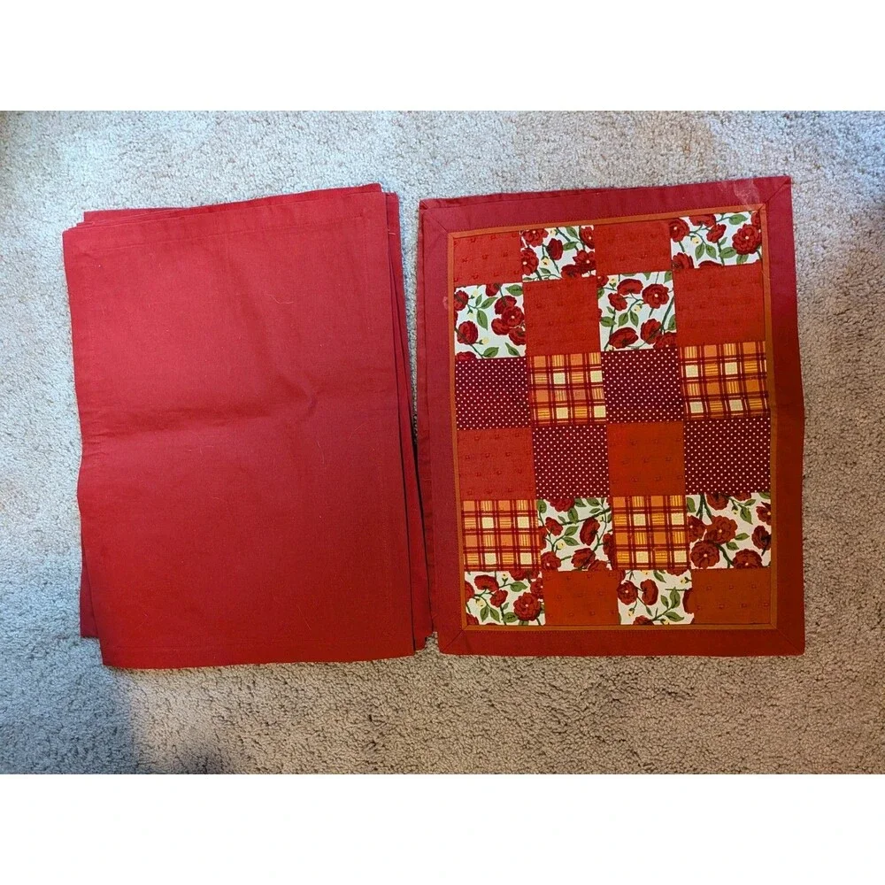 Red Patchwork Quilted Placemats Floral Polka Dot Plaid Set Of 8 14